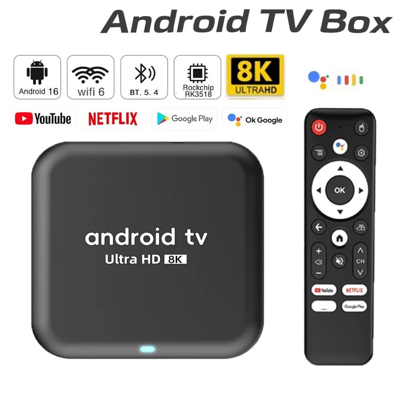 Q18 Rockchip RK3518 Android16 Smart TV Box 4K 8K Video Quad Core with Google Assistant, Netflix, Media Player, Wifi6, BT5.4, Set Top Box