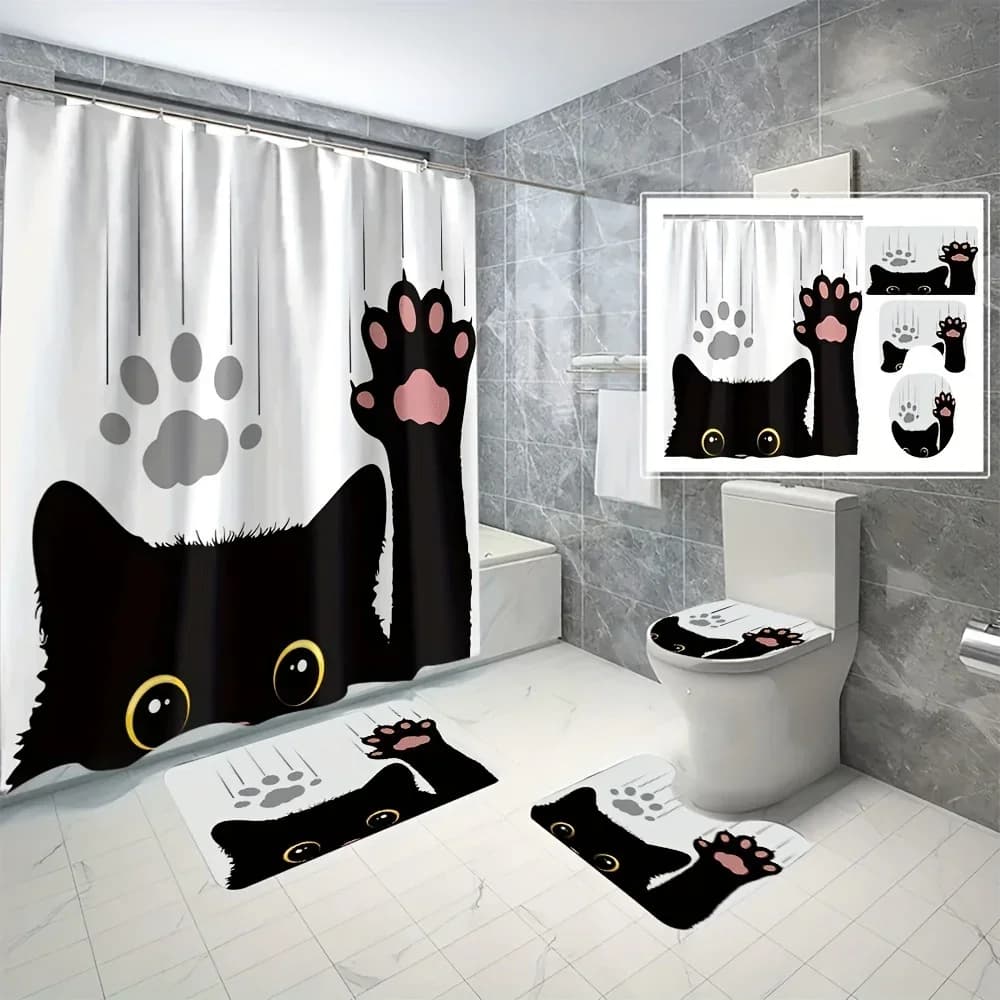 4-piece black cat bathroom curtain set, digital 3D printed waterproof bathroom curtain set, hole-free bathroom curtain