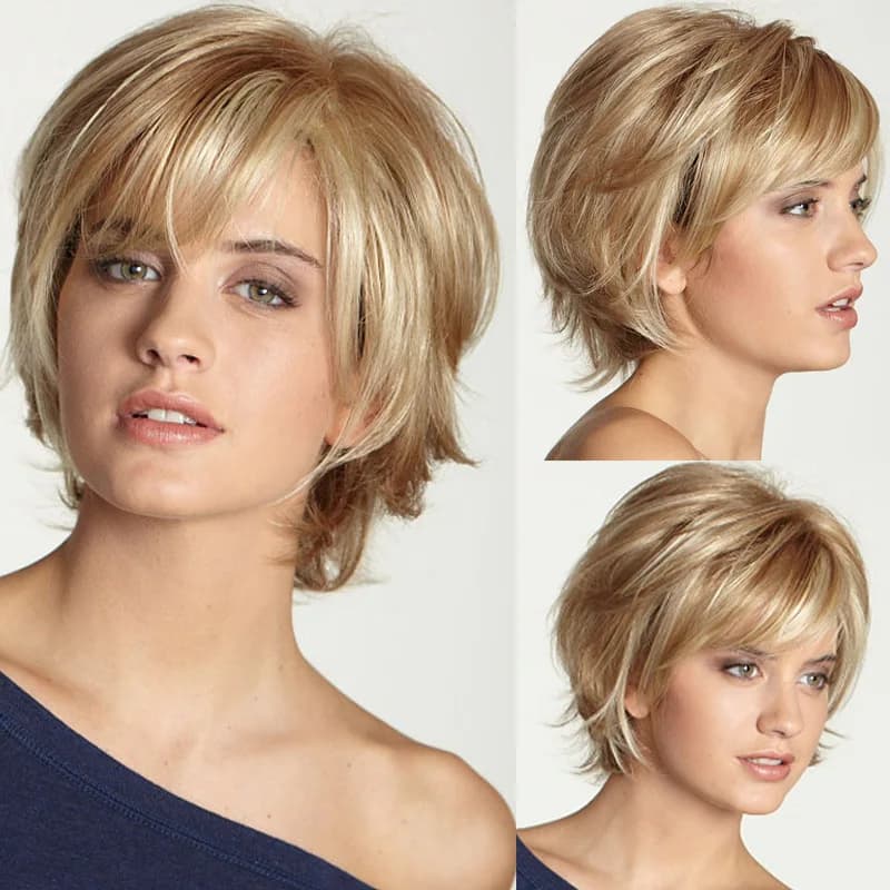 Nuova parrucca sintetica da donna alla moda, capelli corti e lisci, capelli corti biondo chiaro con una parrucca di seta ad alta temperatura, set completo di testa