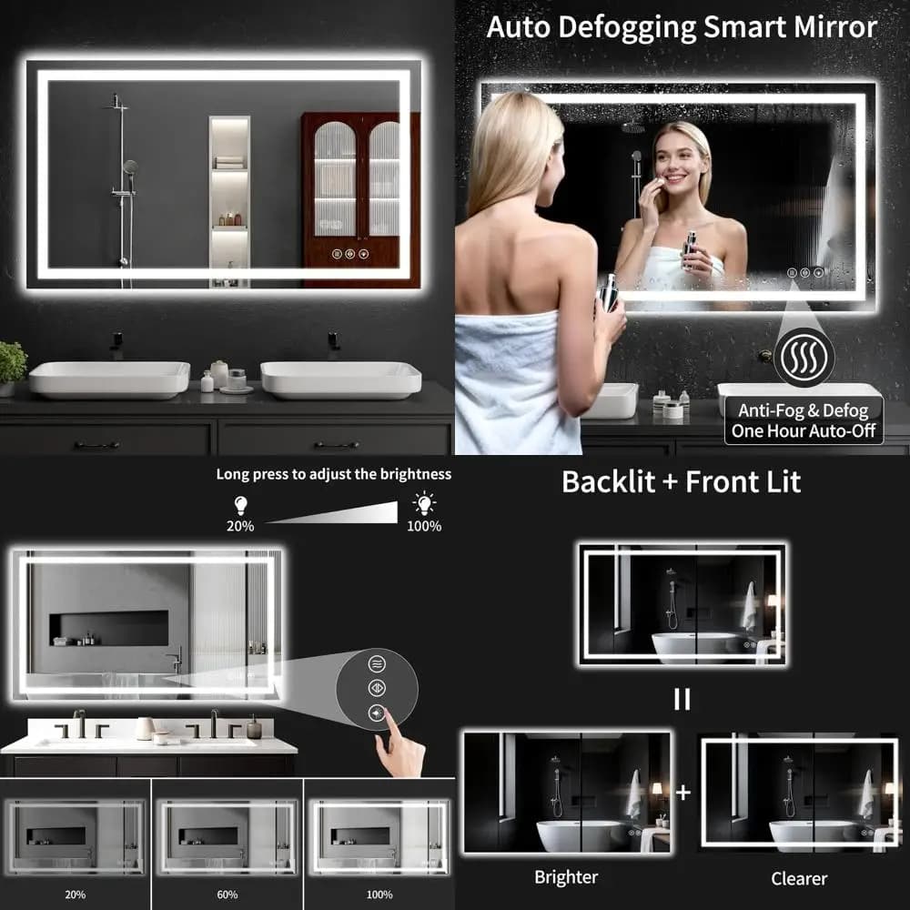Specchio da Bagno LED 48x32 Pollici con Dimmer, Antiappannamento, Vetro Temperato e Funzione Memoria