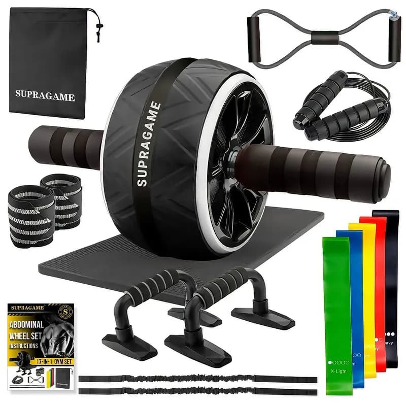 Set da palestra domestica 17 in 1 con ruota per addominali in ABS, tappetino yoga in EVA, trainer multifunzionale