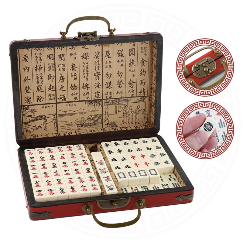 Set mini Mahjong cinese numerato da 144 piastrelle con scatola di immagazzinaggio antica Gioco da tavolo tradizionale cinese per famiglie Mahjong per il tempo libero