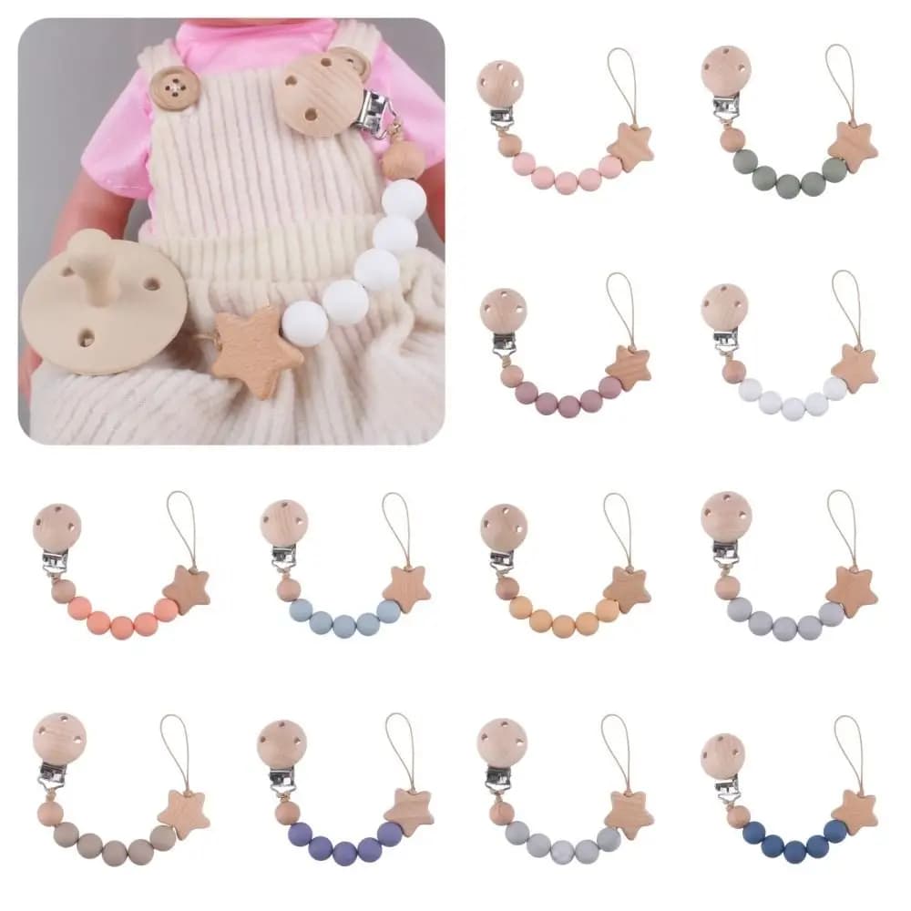 Dummy Clips Pacifier Holder Clips Star Wood Baby Pacifier Chain Nipple Holder Clips Soother Holder Baby Teether Straps Toddler