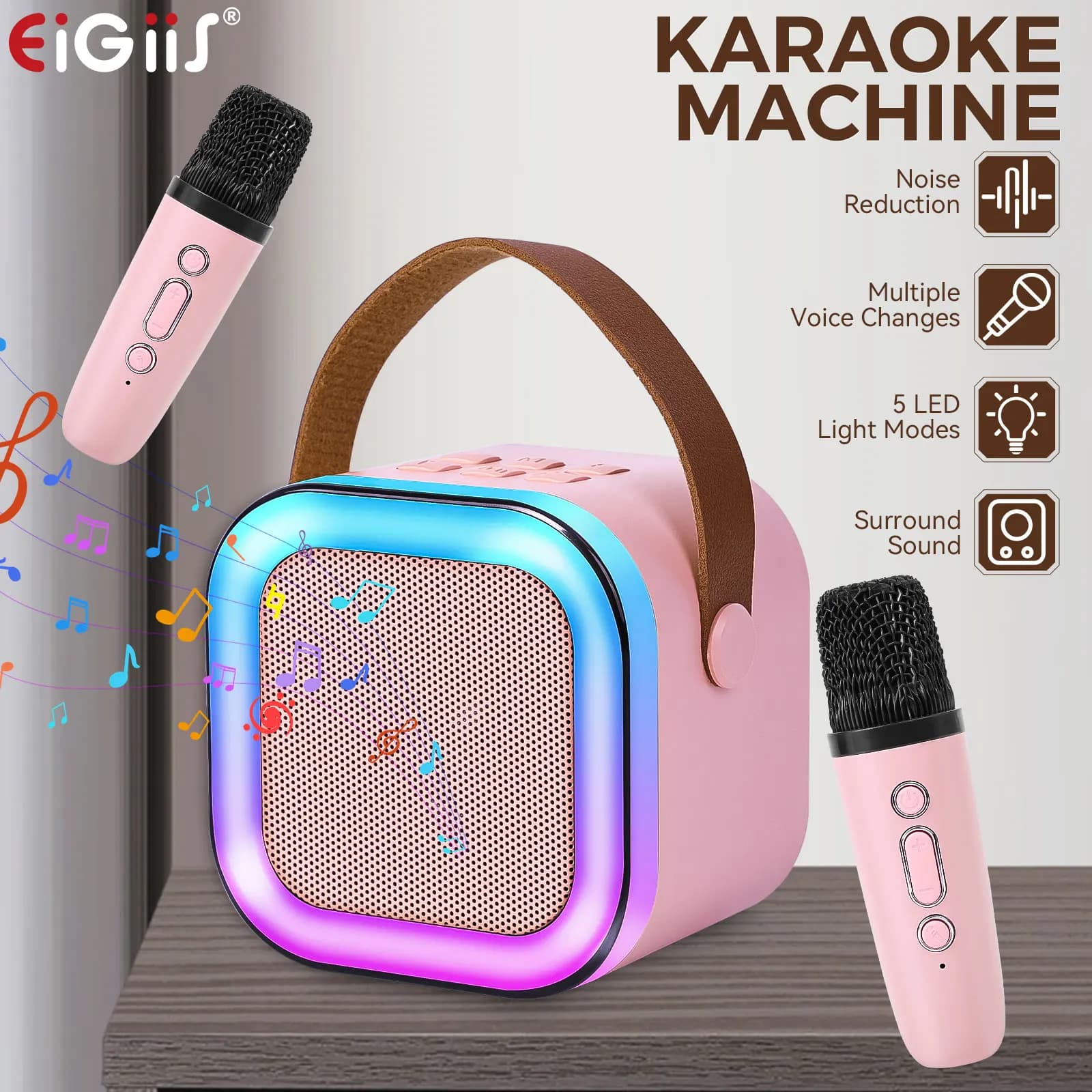 EIGIIS Sistema Karaoke Portatile con Altoparlante Bluetooth 5.3 e 2 Microfoni Wireless, Regalo per Famiglia e Bambini