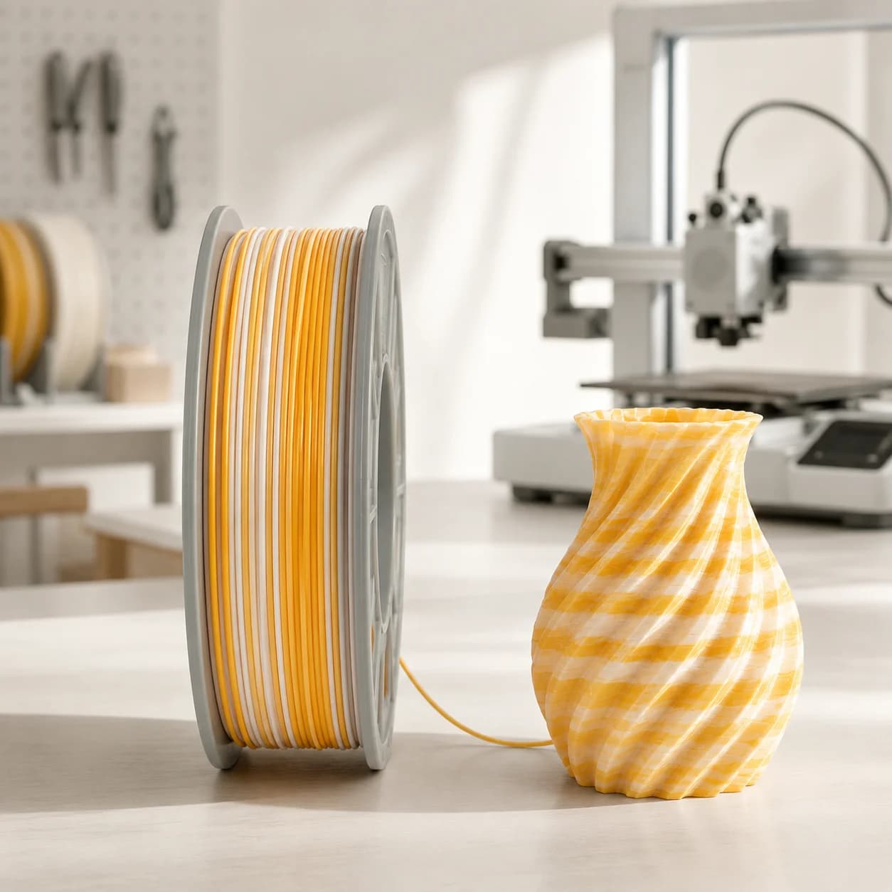 Dual-Color Co-Extruded PLA 3D Printer Filament, 1.75mm, 300g Spool, Yellow and White Silk Shine FDM Printing Material