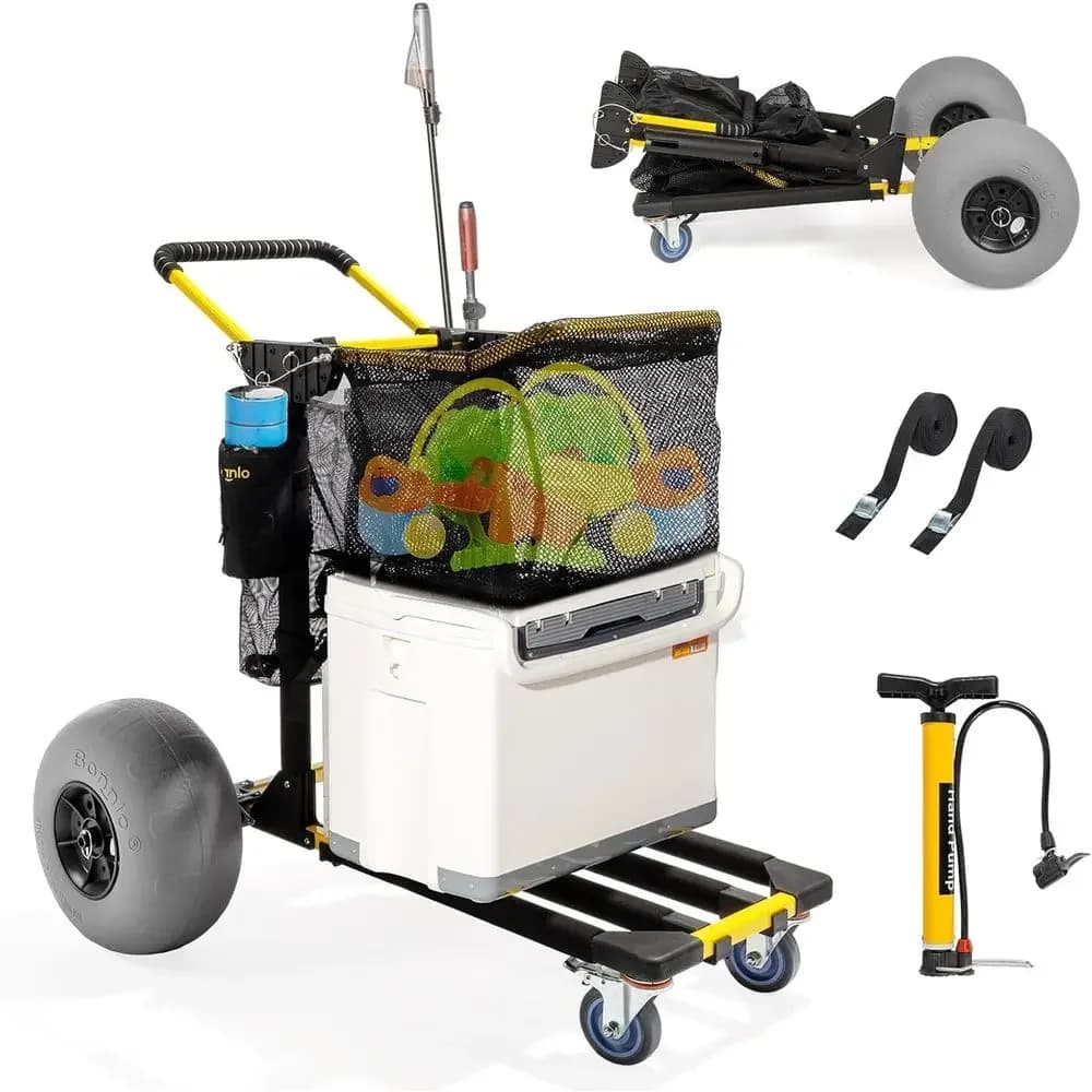 Versatile 12 Balloon Wheel Beach Cart with Large Cargo Area, Fishing Rod Holder, Water Bottle Holder, 2 Mesh Bags, Hand Pump
