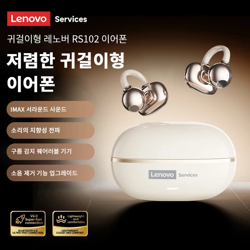 Auricolari wireless Lenovo RS102 con clip per l'orecchio, Bluetooth 6.0, cuffie open-ear con bass boost, chiamate HD, riduzione del rumore con microfono per il gaming