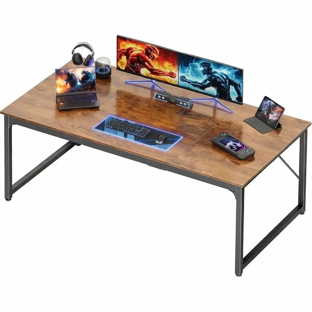 Scrivania per computer con struttura in metallo marrone rustico, 63x29,5, piano di lavoro profondo per giochi, ufficio, uso domestico