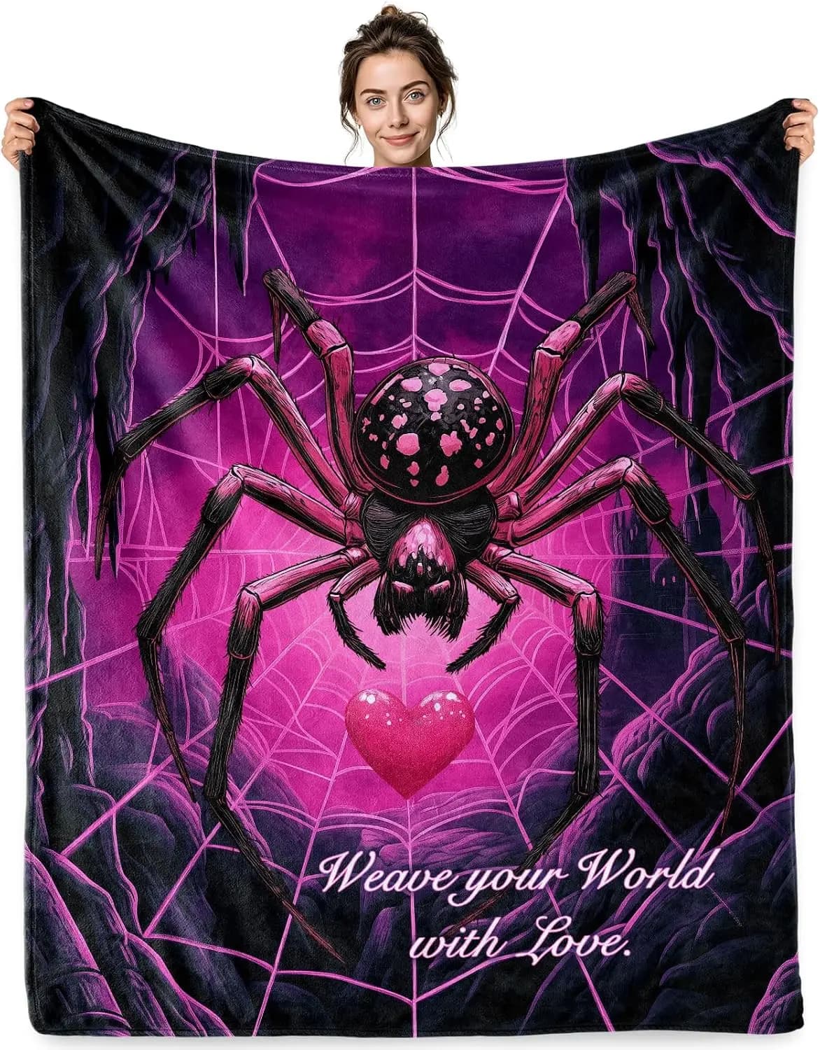 Jekeno Spider Gifts Blanket Pink Web Heart Throw Blanket | 50x60 Inch Flannel Spider Web Blanket Gifts for Halloween Christmas