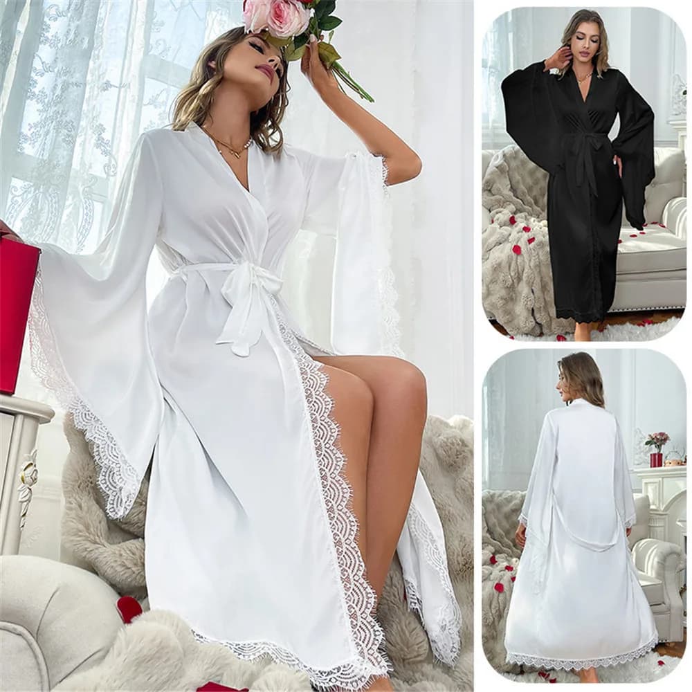 Female Solid Color Robe Lace Trim Kimono Flare Sleeve Bathrobe Intimate Lingerie Satin Sleepwear Casual Homewear Dress