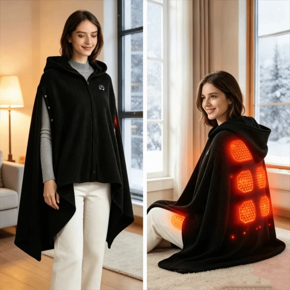 Cozy Graphene Electric Heated Wearable Blanket USB Charging with Hoodie USB Heated Shawl Black Windproof Warm Cape Outdoor