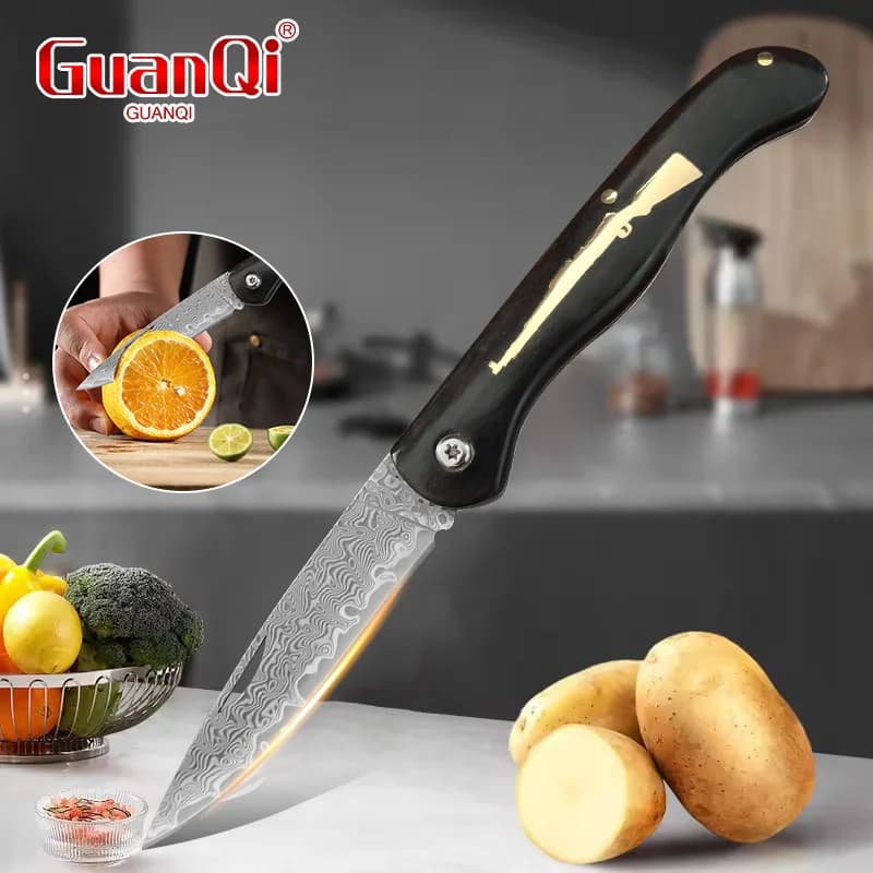 Damascus steel folding knife, multipurpose kitchen knife for cutting meat, fruit, vegetables, knife with wooden handle, multipurpose knives