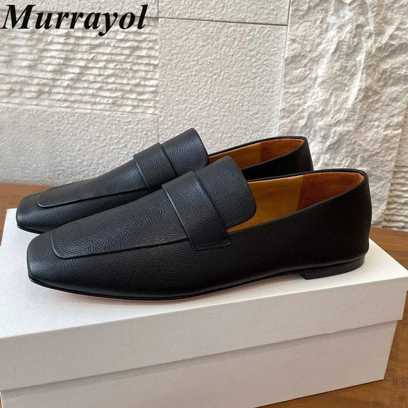 Lazy Loafers Square Toe Deep Mouth Flat Shoes Women Genuine Leather Spring Office Commuting Shoes Driving Shoes Zapatos De Mujer