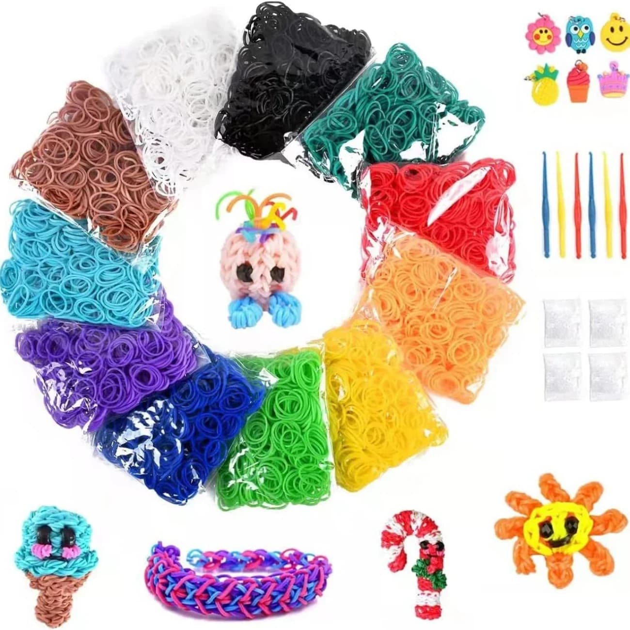 7200+ Set di ricarica per elastici colorati Elastici per telaio di qualità premium in clip a S Ciondoli adorabili Uncinetti Telaio per telaio