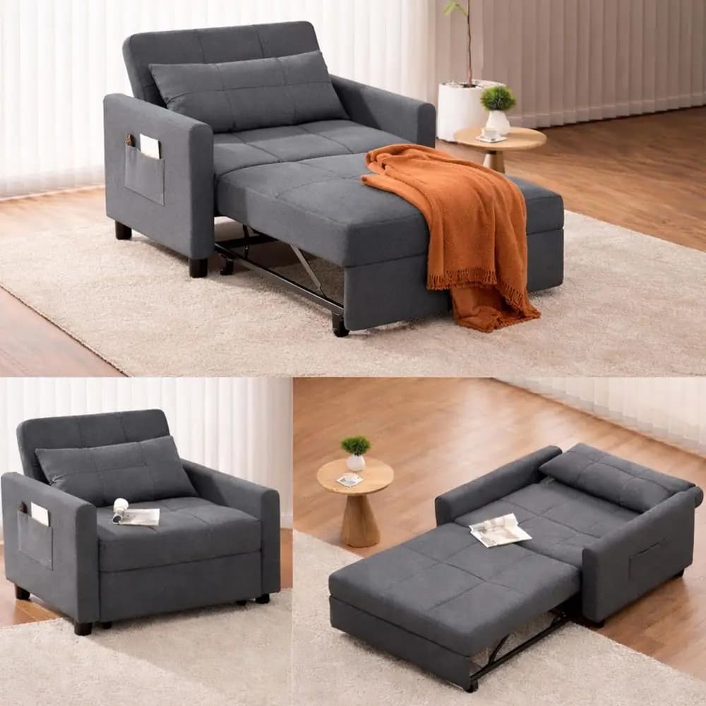 Divano Letto Convertibile, Poltrona Letto Multifunzionale 3in1, Reclinabile con Schienale Regolabile in Tessuto di Lino Moderno per Soggiorno