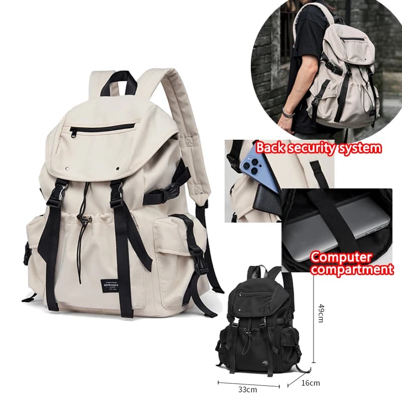 Men's Fashion Backpack Computer Bag Multi Functional Drawstring Student Backpack Waterproof Flip Top Buckle Back Pack