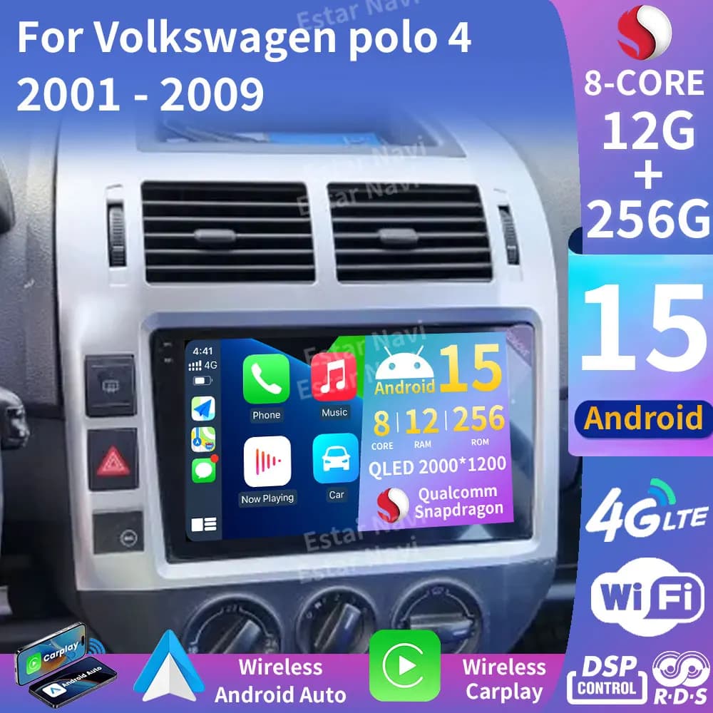 Per Volkswagen Polo Mk4 IV 4 2001 -2009 2K QLED Android 15 Autoradio Lettore video multimediale GPS AI Voce CarPlay 4G Stereo DSP