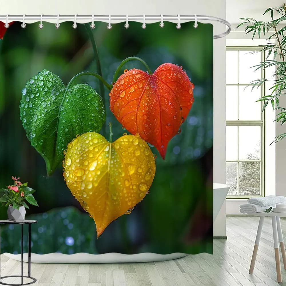 1pc a forma di cuore modello foglia tenda da doccia modello pianta decorazione bagno tessuto in poliestere contiene 12 ganci