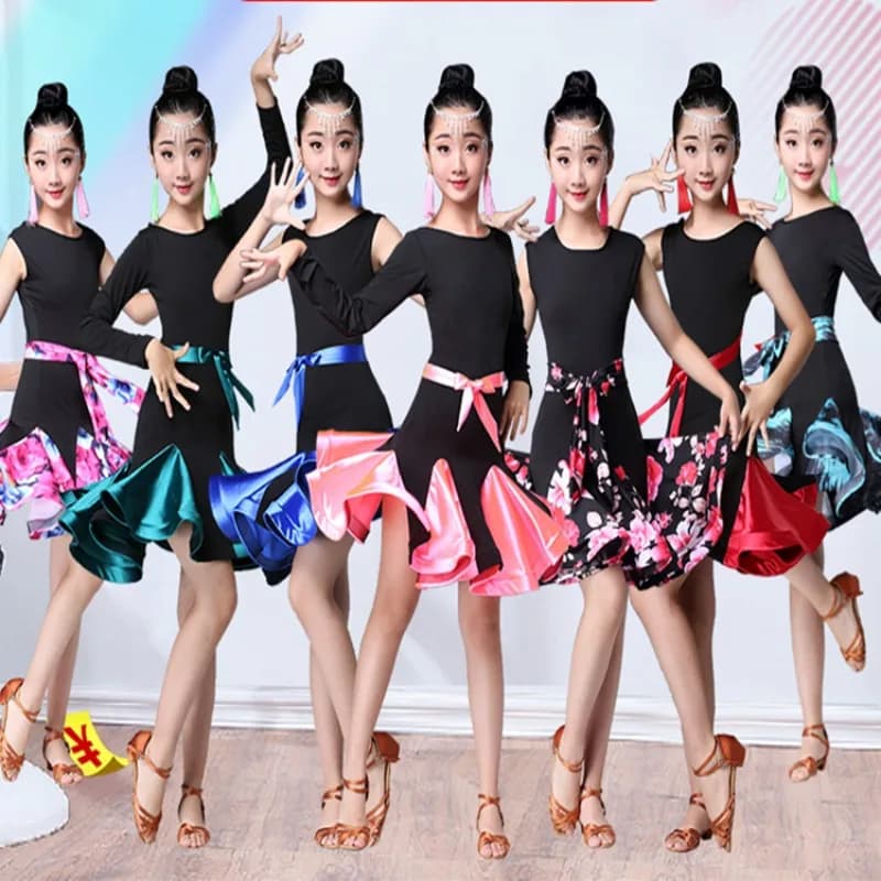 Abbigliamento da ballo estivo per ragazze, vestito latino nero, costume da ballo per bambine, abiti per bambini, vestito latino per ragazze, abiti da palcoscenico per bambini