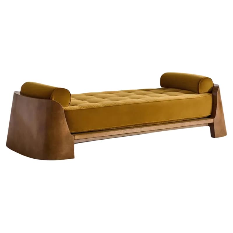Mid-Century Modern Style Curved Solid Wood Eco-friendly Lounge Chair Mustard Yellow Tufted Velvet Double Pillow Bedroom Villa
