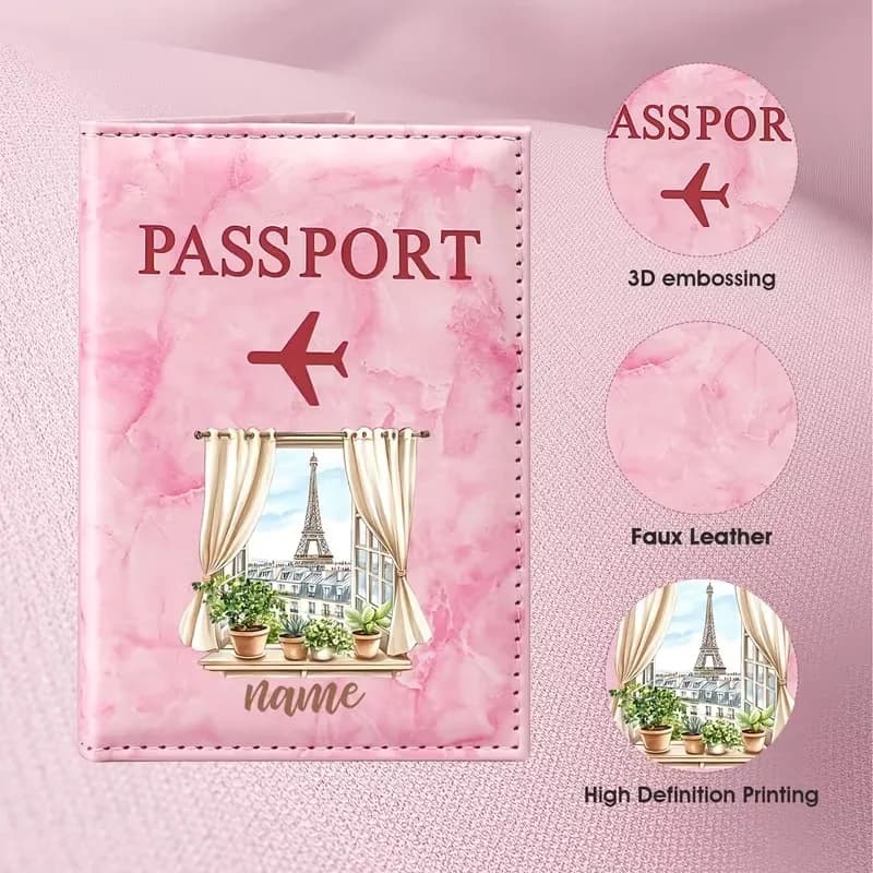 Custom Name Paris Eiffel Tower Window View Illustration Design PU Passport Holder, Featuring Green Plants on The Windowsill