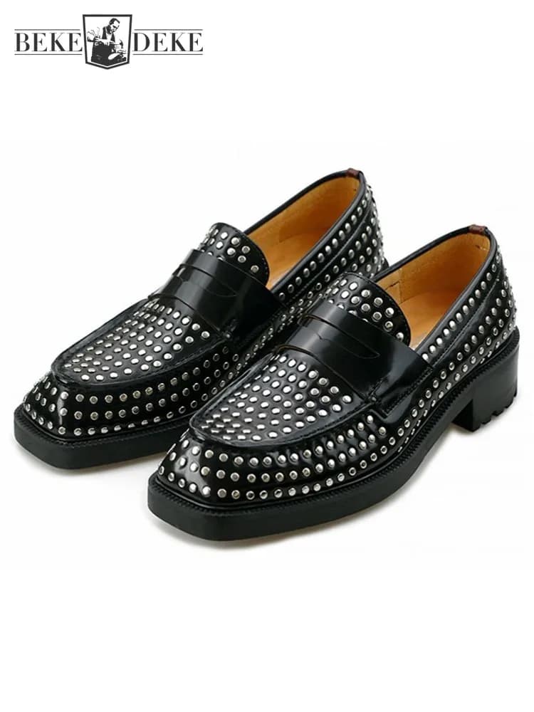 Scarpe da uomo con borchie e borchie per diserbo, scarpe eleganti da festa, slip on, punta quadrata, scarpe formali in vera pelle, tacco largo, mocassini per banchetti
