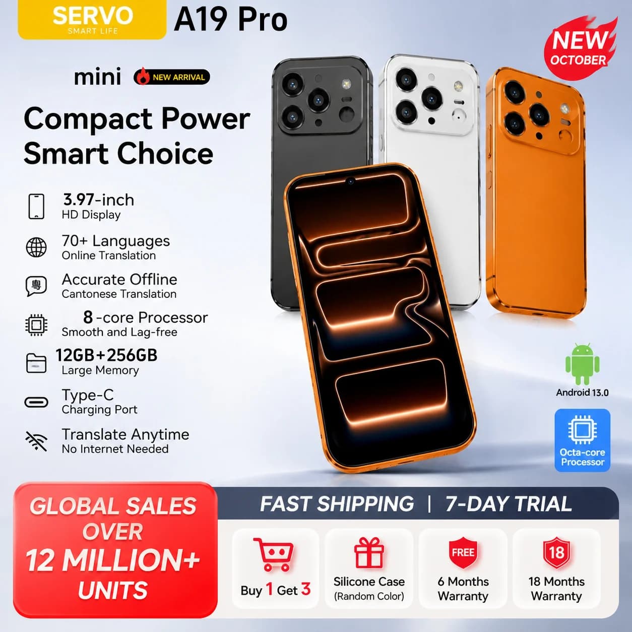 A19 Pro Mini 4G Small Watch Smartphone 3.97-inch 12GB RAM 256GB ROM Dual SIM Standby 2700mAh Battery Android 13.0 Face ID