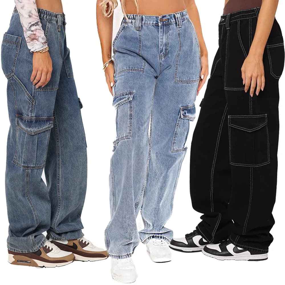 Black Denim Jeans Women's Ripped Denim Pants Multi-Pocket Women's Jeans Cotton PU Material Winter Season High Waist Style
