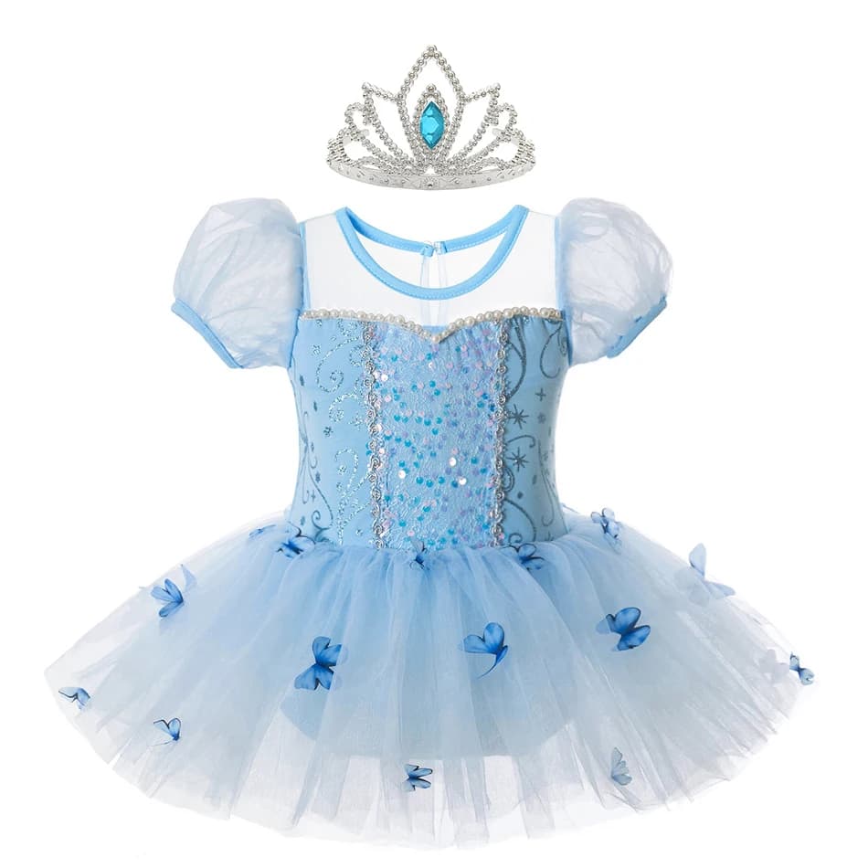 Abito da ballo di Cenerentola per ragazze con applicazioni di farfalle e paillettes, abiti da balletto principessa 2-8 anni, uniforme da allenamento per bambini, abito di lusso blu