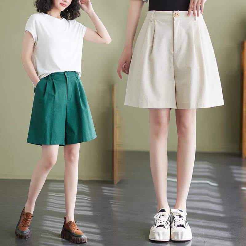 Breathable Cotton Linen High Waist Wide Leg Short Pants Thin Style Casual Suit Middle Pants Ladies Fashion Summer Shorts