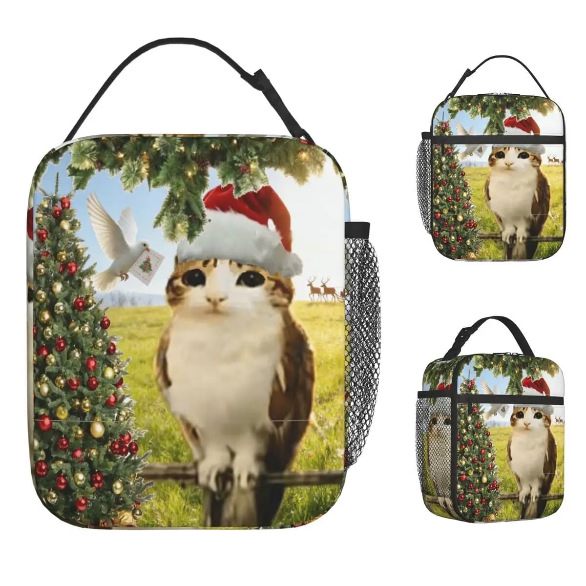 Brainrot Christmas Meowl Meme Borsa per il pranzo Scatola per il pranzo estetica Borse per il pranzo termiche portatili da picnic per borsa termica con stampa Oxford per adulti