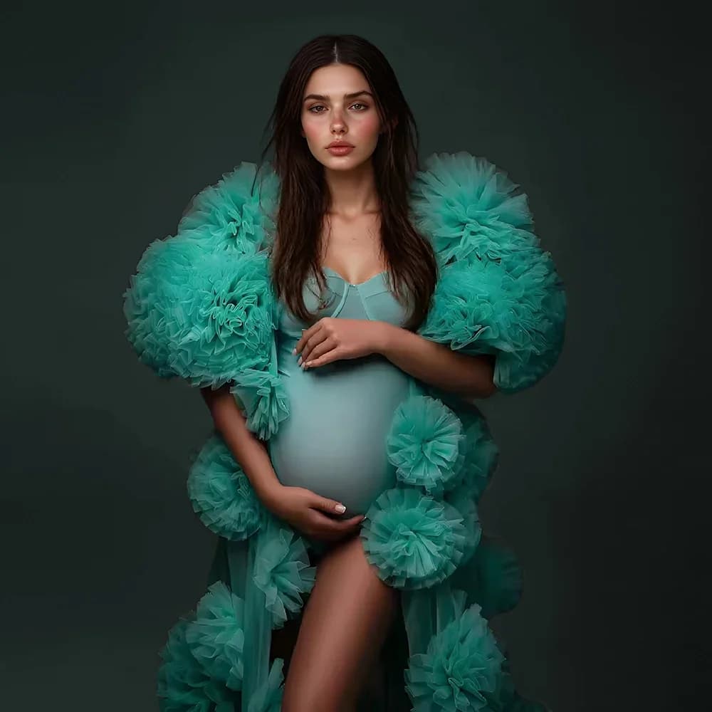 Abito da servizio fotografico per gravidanza in tulle con volant unico Accappatoio trasparente Fiori 3D Abiti premaman per servizio fotografico Abito fotografico