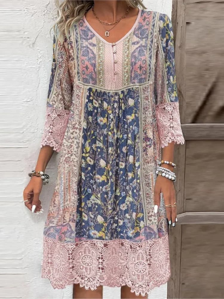 Abito casual con stampa da donna alla moda Nuova primavera estate Vintage elegante scollo a V abiti da donna in pizzo allentato per donna Robe Femme