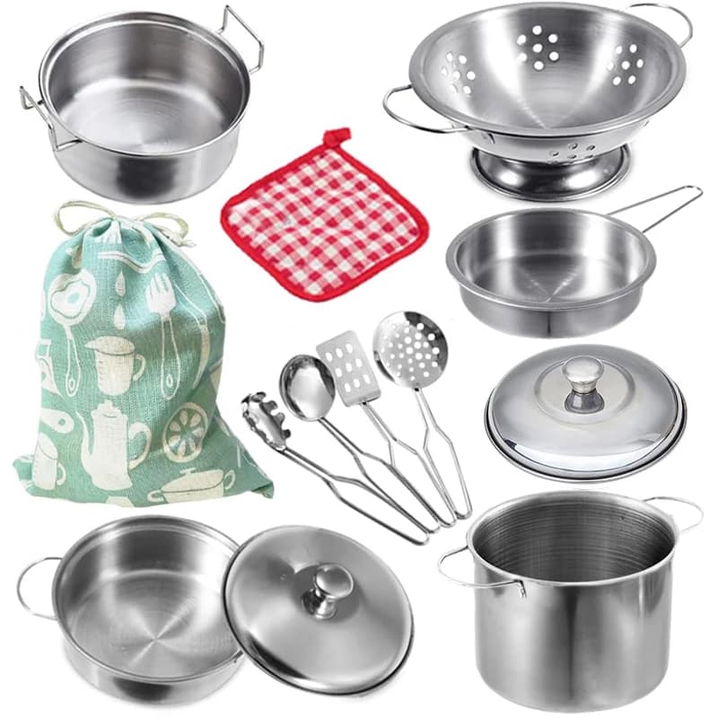 MINI Stainless Steel Kitchen Utensils Toy Set for Girls, Kids Pretend Role Play Kitchenware, Educational Simulation Cooking Play