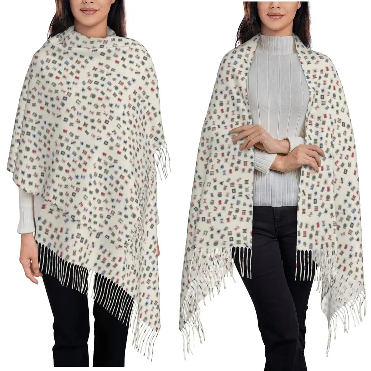Mahjong Game Tiles Design Scarf Tassel Scarves for Women Soft Warm Shawls and Wraps Large Fall Winter Shawl Wrap