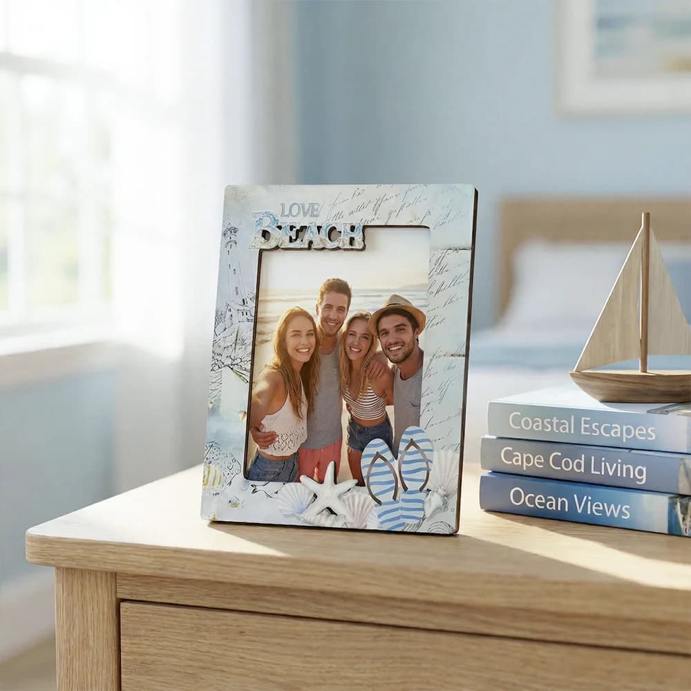 1Pc Coastal Beach Wooden Photo Frame - Ocean Nautical Design - Freestanding 5x3.5 Inch Picture Holder