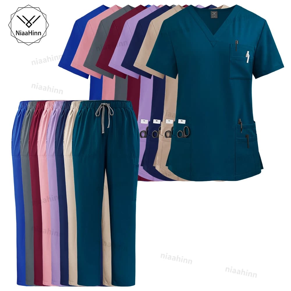Nurse Uniform Scrubs Sets Women Blouse Medicale Femme Nursing Pants Suits Medical Accessories Healthcare Beauty Salons Work Wear