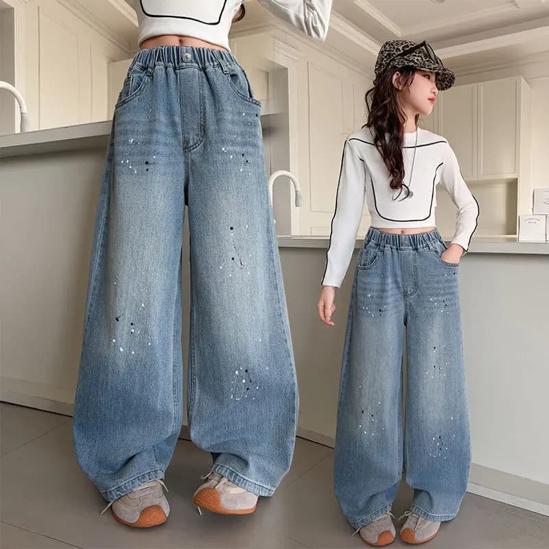 Primavera Autunno Moda Nuove Ragazze Jeans Larghi Pantaloni in Denim a Gamba Larga Stampati per Bambini al Pavimento per Ragazze 4-14 Anni