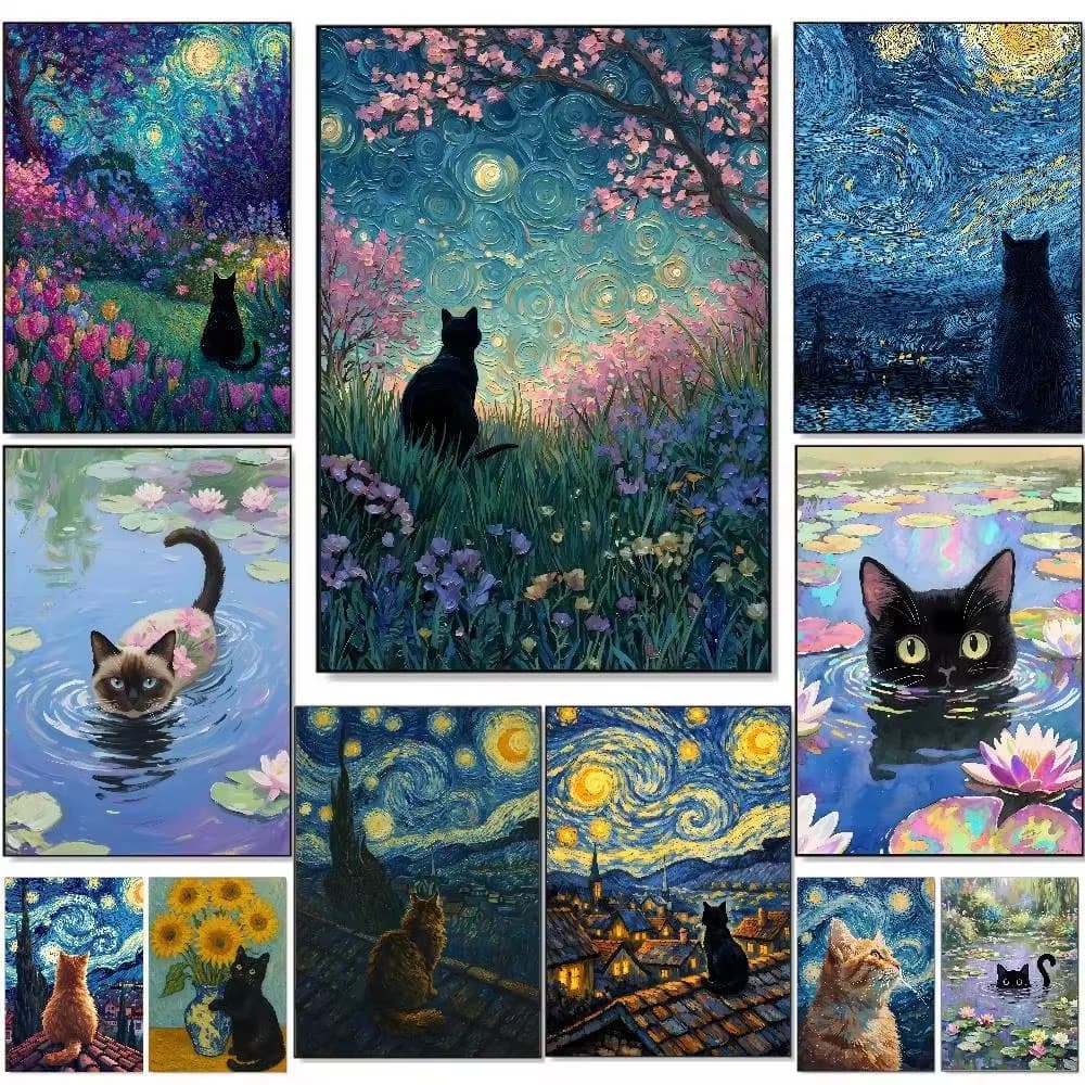 Diamond Painting Kawaii Cat Starry Night Water Lilies Mosaic Handmade Artwork Full Round/Square Diamonds Gift Home Decor