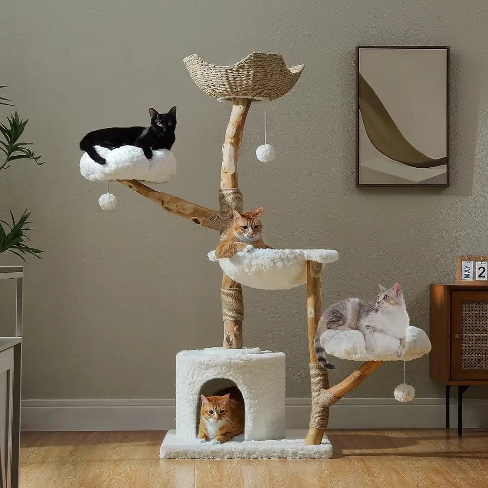 Albero per Gatti di Lusso Alto 59 Pollici con Cesto e Amaca per Gatti di Taglia Grande da Interno, Legno Naturale, Bianco