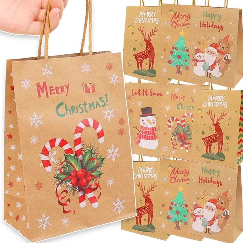 20/5PCS Christmas Kraft Card Bag Gift Candy Bags For Handheld Merry Christmas Snack Present Packing Tote Bag Home Decorations