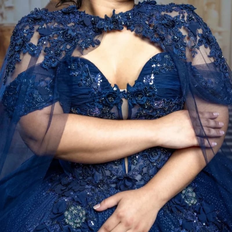 Shiny Dark Blue Quinceanera Dress off-shoulder Sequins 3D Flower Decal Long tail Bow vestidos de 15 Quinceanera Customize