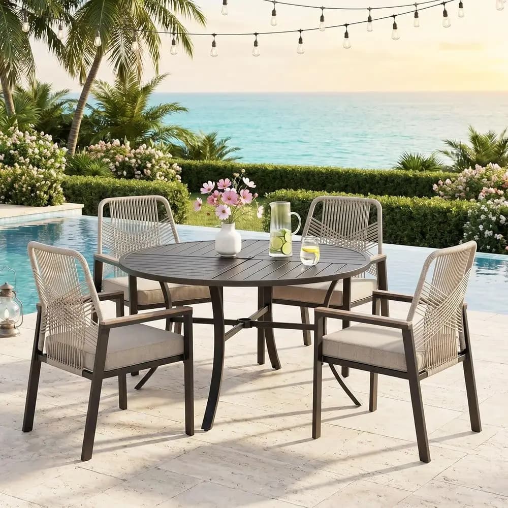 5 Pieces Patio Dining Set, 4 x Woven Rattan Chairs with Waterproo Cushion, 42” Metal Round Dining Table with Umbrella Hole, Outd