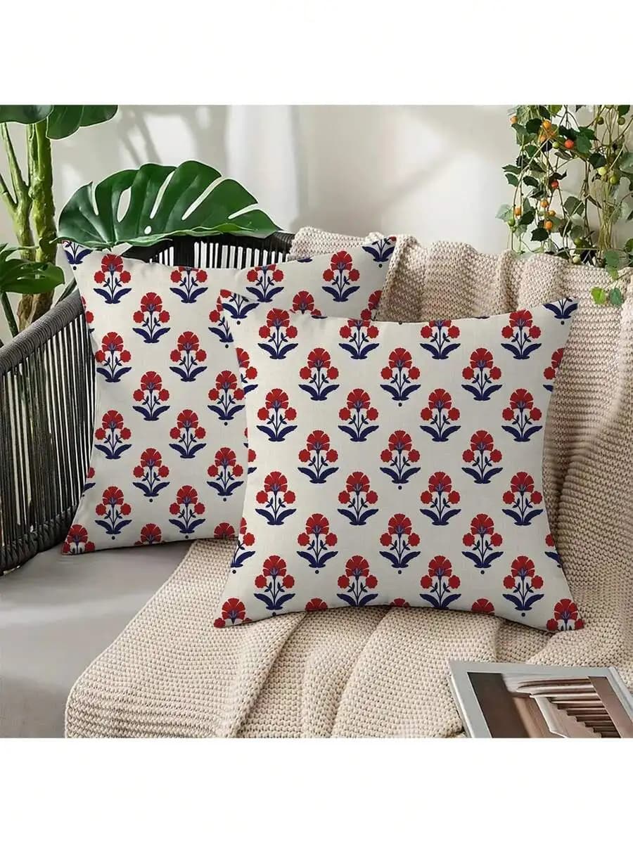 2pcs Red Floral Throw Pillow Covers With Invisible Zipper Durable Fabric Decorative Cushion For Sofa Bedroom