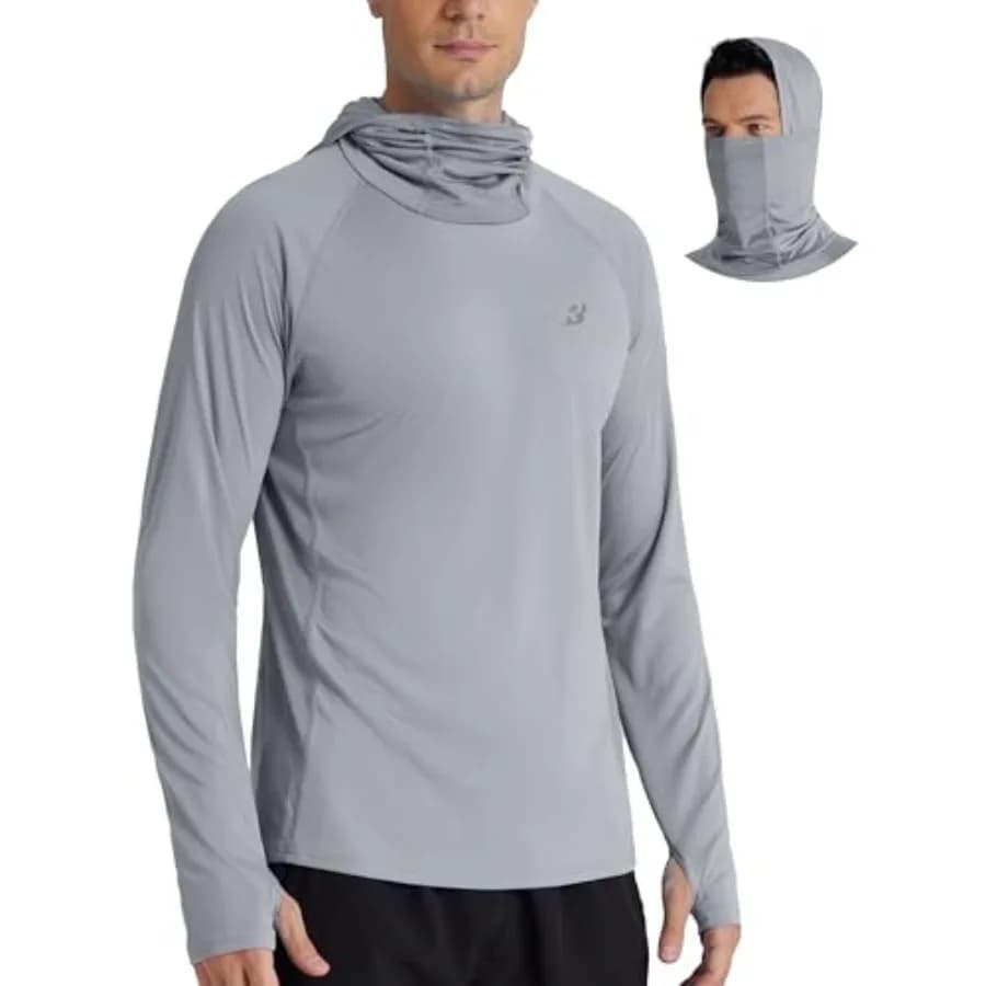 Roadbox UPF 50+ Men's Hooded Fishing Shirts, Long Sleeve UV Sun Protection Hoodie Hiking Running Swim Rash Guard with Mask