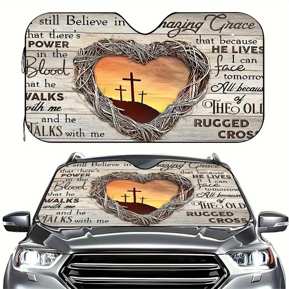 Parabrezza con croce a forma di cuore, protezione UV, copertura per auto pieghevole riflettente al calore, per SUV, camion, copertura per parabrezza Suv
