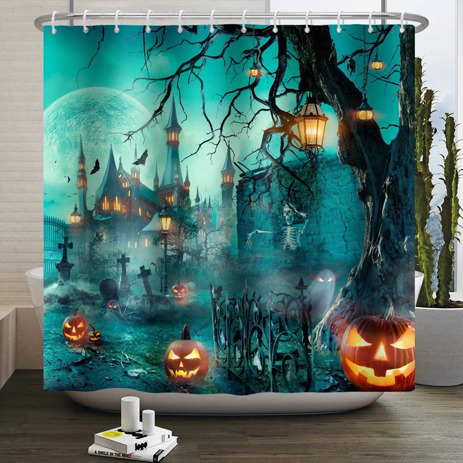 Tenda da doccia di Halloween Horror Luna Notte Zucca Teschio Scheletro Castello spaventoso Strega Fantasma Cimitero Bagno impermeabile