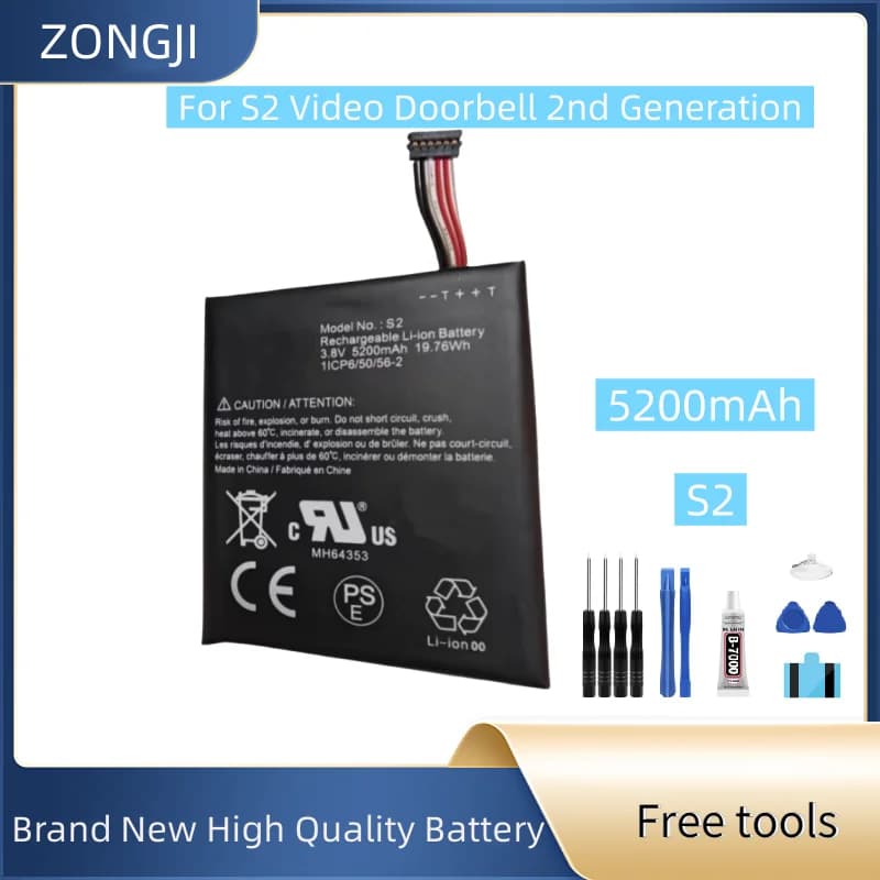 Nuova batteria 3.8V 5200mah per campanello video S2 Batteria sostitutiva di seconda generazione 1ICP6/50/56-2 + Strumenti gratuiti