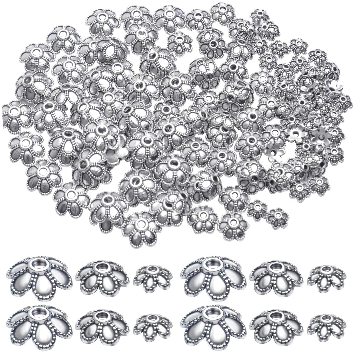 200 Pezzi di Copriperle a Fiore in Argento Anticato, Tappi per Perle Tibetane, Distanziatori in Metallo, Forniture per Artigianato per la Creazione di Collane, Bracciali e Gioielli