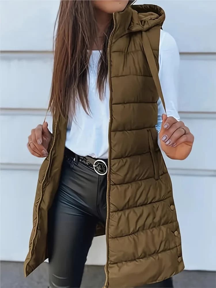 Casual Solid Color Hooded Zipper Vest Jacket For Women's Autumn Winter With Cotton Patchwork Slit Warmth Thickened Female Vest